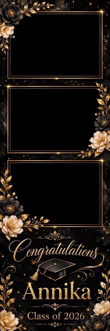 Black-and-gold floral graduation photo booth template variation one