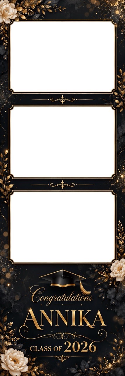 Black-and-gold floral graduation photo booth template variation two