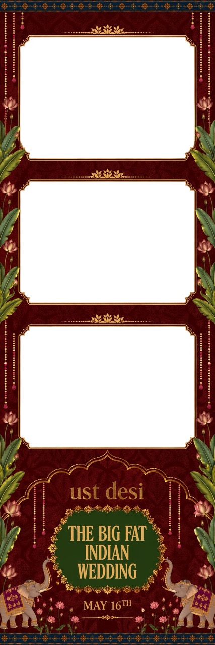 AI-assisted Indian wedding photo booth template in deep red and gold